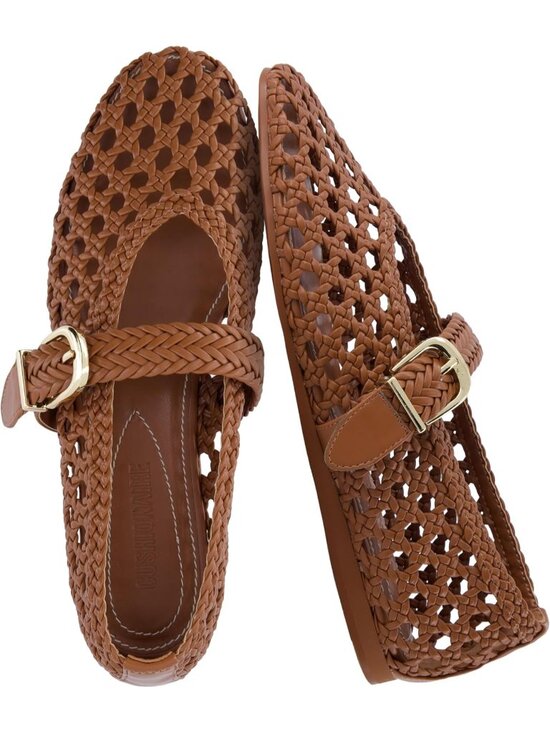 Shoes - Women's Cognac Comfortable Adjustable Braided Buckle Mary Jane Ballet Flats